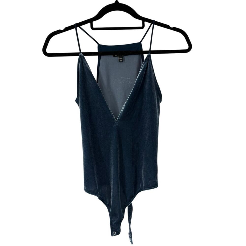 Express Blue Velvet Plunging Neckline Bodysuit Womens XS